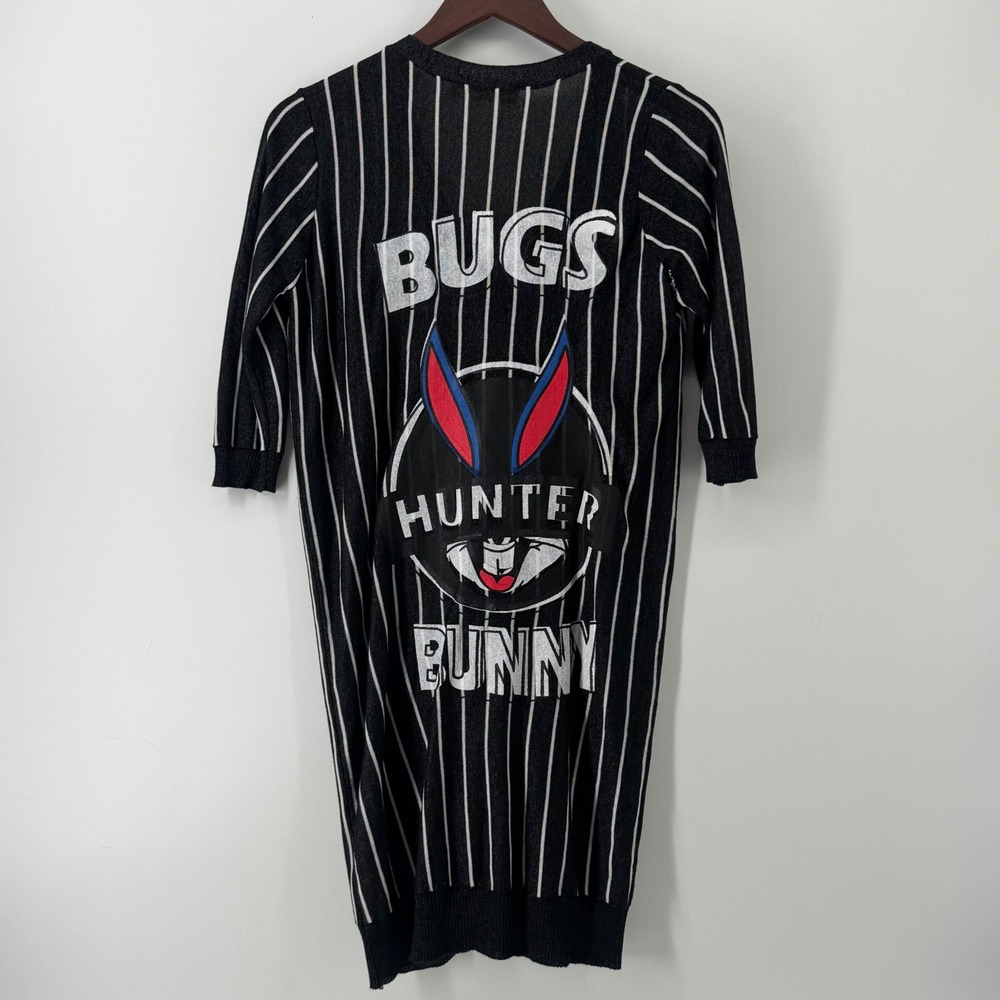 Milana Italy Bugs Bunny Pinstripe Longline Cardigan Silk Blend Black White 35in